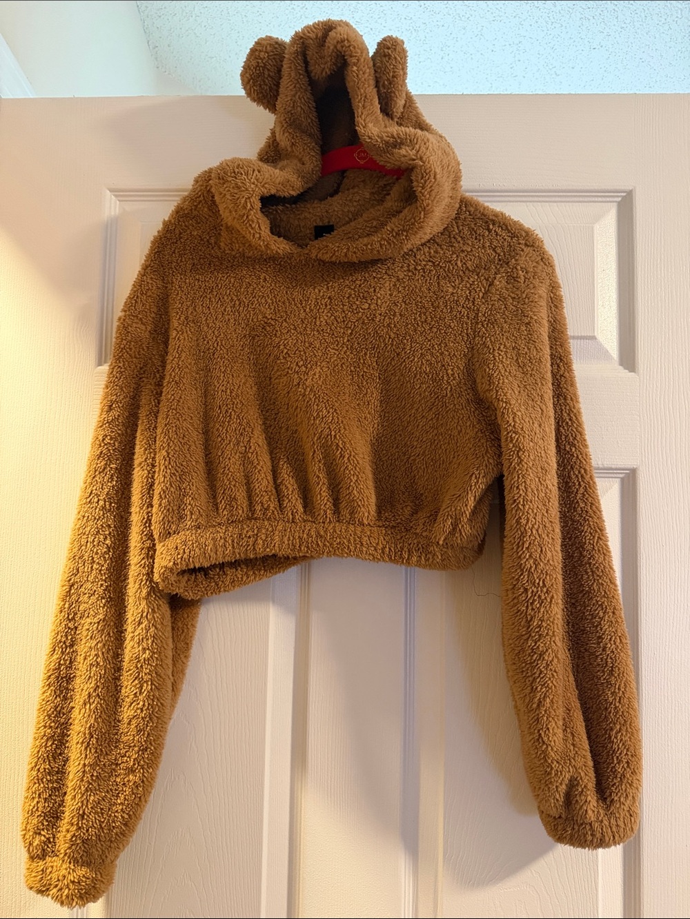 SHEIN Brown Cropped Teddy Fleece Hoodie with Bear Ears size M US size 6